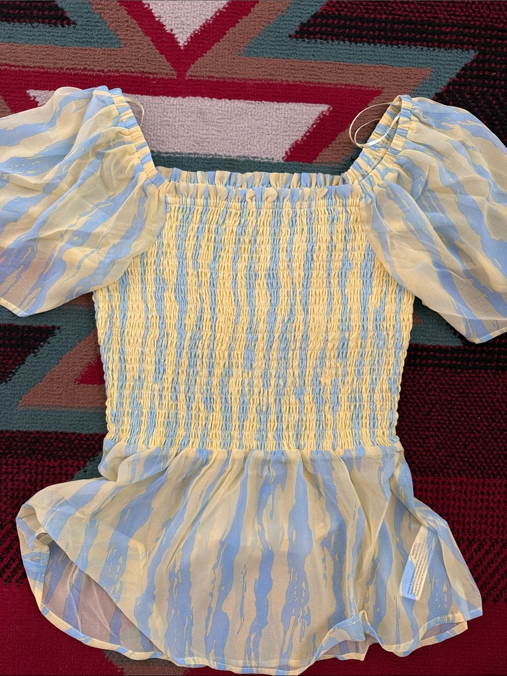Anthropologie Yellow and Light Blue Smocked Off-Shoulder Peplum Top